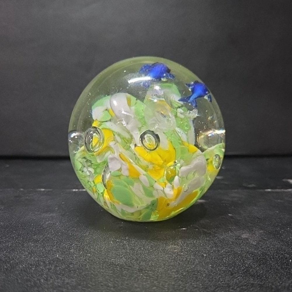 Dolphin with Green Yellow Waves Round Paperweight, Controlled Bubbles Sculpture - Picture 3 of 11